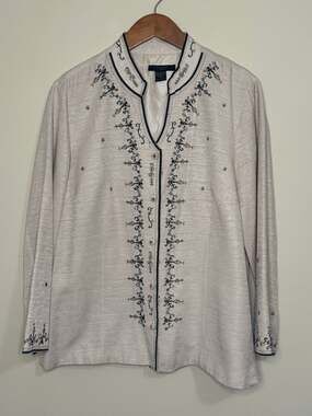 Silkland Woman Kimono Style Top Womens 1X 100% Silk Shell Tan Black Long Sleeve